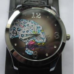 montre cadran tigre rond bracelet noir style tattoo rock