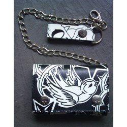 Black leather wallet swallow love white rockab chain