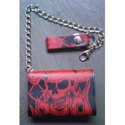 Black leather wallet Skull and Maltese cross red + chain