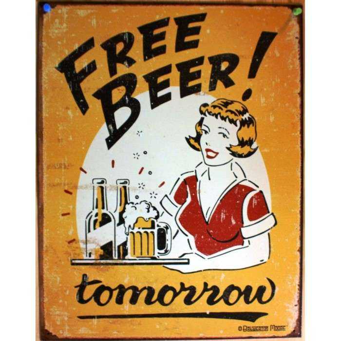 Free beer tomorrow plate with pin up retro tole pub bar usa