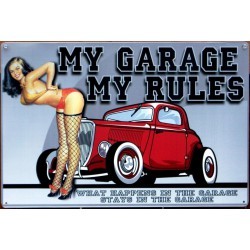 plaque hot rod et pin up résille my garage my rules tole us