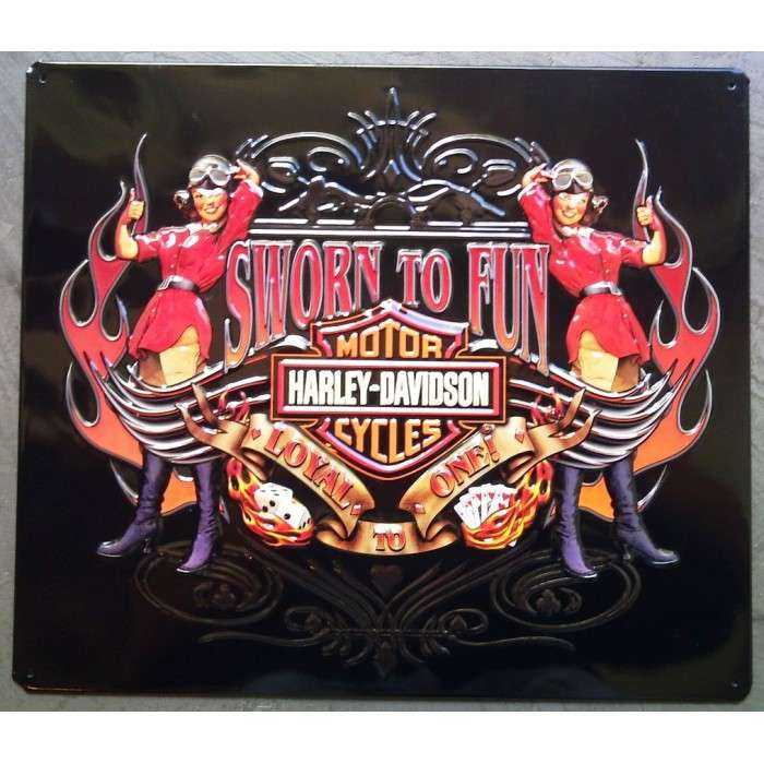 plaque Harley Davidson sworn to fun 2 pin up rouge et flames