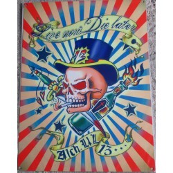 plaque live now die later tole crane coloré avec haut de forme skull