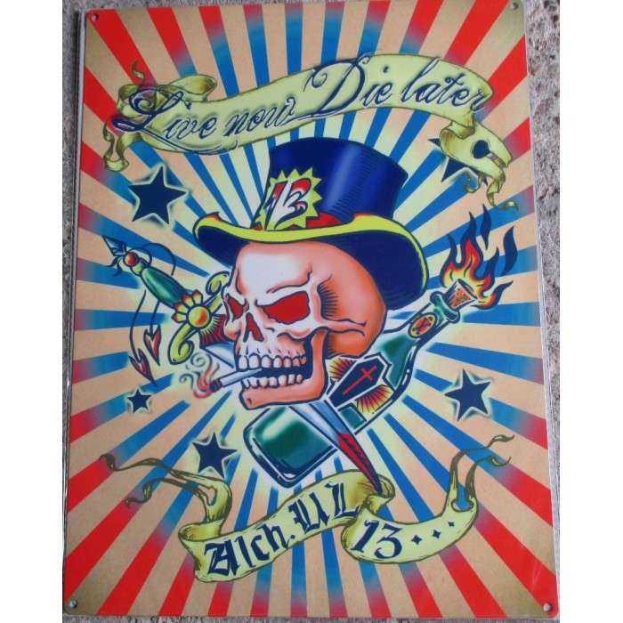plaque live now die later tole crane coloré avec haut de forme skull