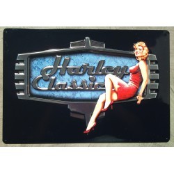 plaque Harley Davidson classic logo chromé et pin up rétro