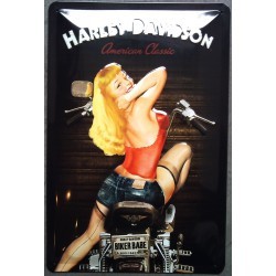 plaque harley davidson et pin up blonde tole bombée relief