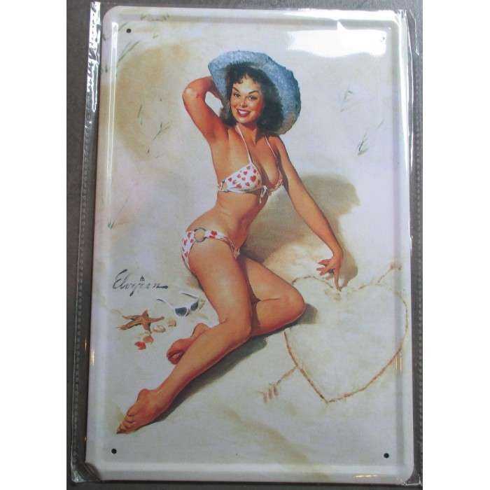 Plaque Pin Up Maillot Bain à La Plage Et Chapeau Bleu Tole