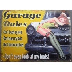 plaque garage rules avec pin up et voiture americaine tole