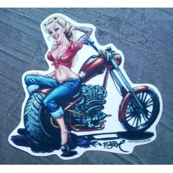 sticker pin up blonde et moto marron autocollant biker usa