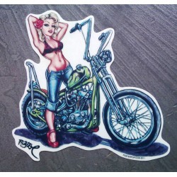 sticker pin up blonde et moto verte a flammes autocollant us