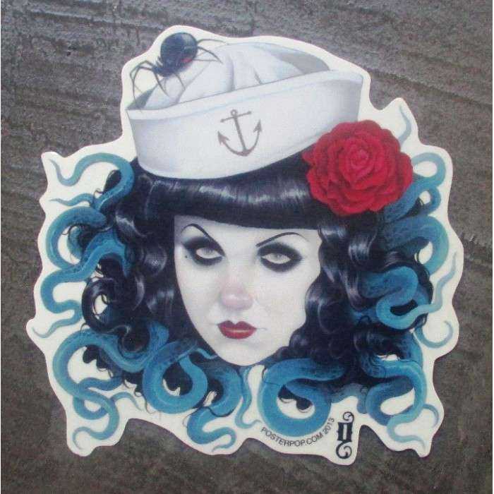 sticker visage pin up chapeau marin et pieuvre autocollant