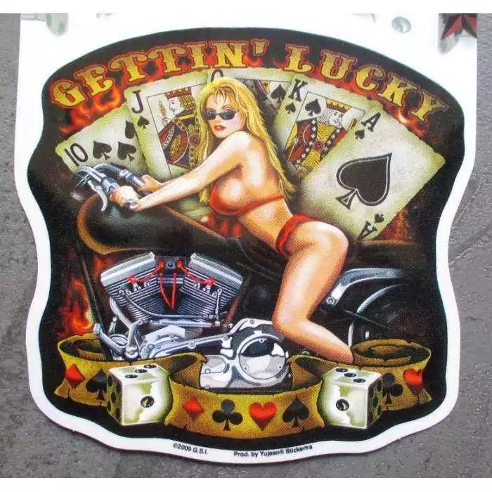 sticker pin up blonde sexy moto et jeux de cartes poker