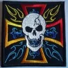 Maltese cross patch and multicolored flamming skull escutcheon