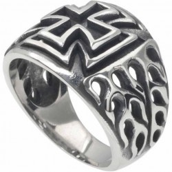 bague grosse croix malte flamme 11us inox chevaliere homme