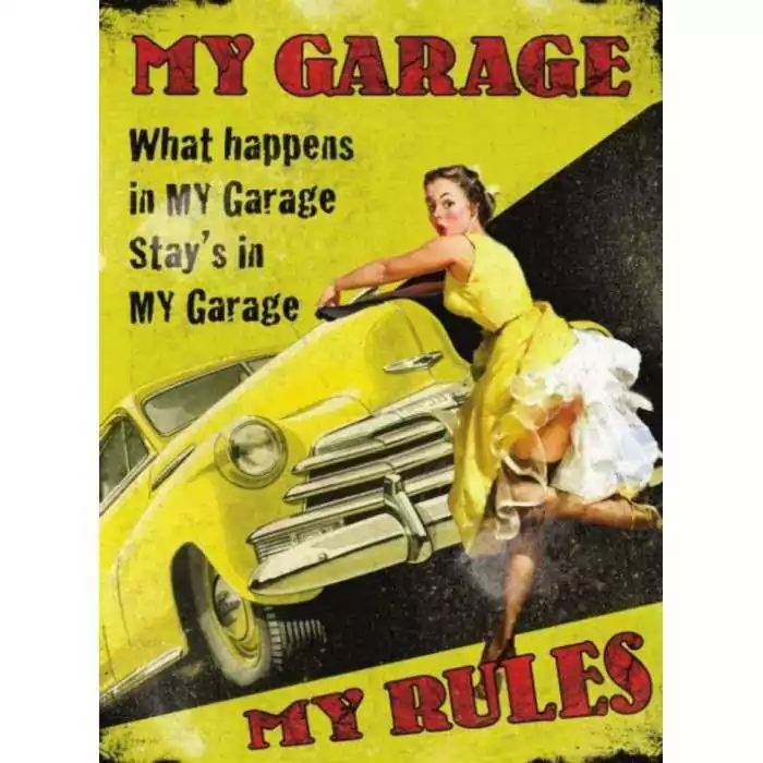 plaque  pin up my garage my rules voiture jaune70x50cm tole deco garage us diner loft