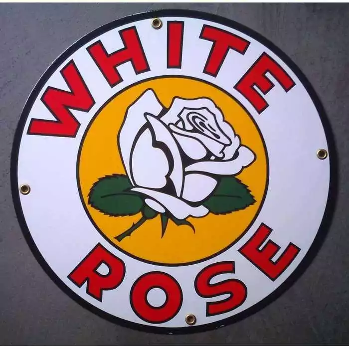 plaque emaillée white rose gasoline fleur ronde deco garage tole email pub metal