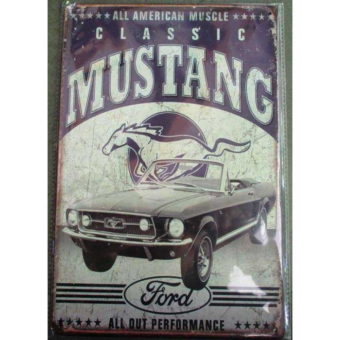 plaque classic ford mustang voiture et cheval tole bleu lof
