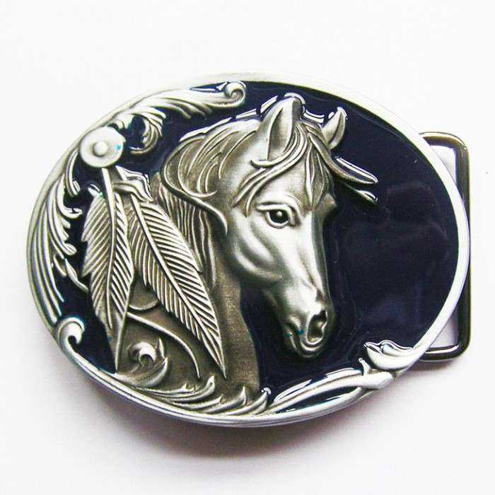 boucle de ceinture country tete de cheval fond bleu mixte