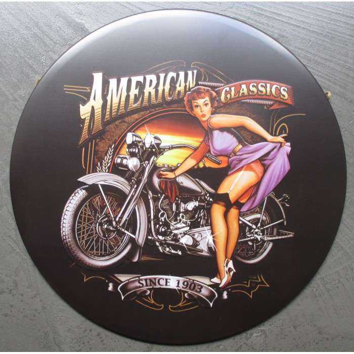 plaque pin up robe violette moto americaine american classic tole ronde 30cm deco us plaque pin up robe violette moto americaine american classic tole ronde 30cm deco us