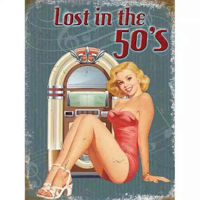 plaque pin up robe rouge et jukebox style vurlitzer lost in the 50's tole deco sexy affiche métal