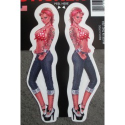 petit sticker pin up blonde en jean et maillot rouge a poid blanc autocollant transparent