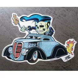 sticker squelette rocker et hot rod bleu et noir kustom kulture autocollant transparent