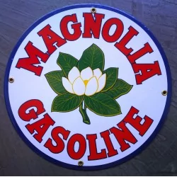 plaque emaillée magnolia gasoline fleur blanche huile essence pub auto moto aviation garage deco