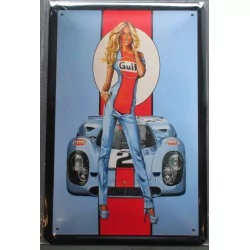 plaque pin up gulf blonde avec une auto tole 30x20 cm deco affiche pub garage