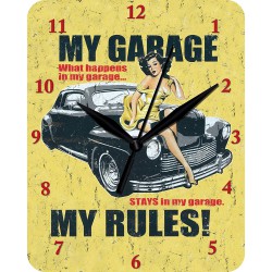 pendule metal hot rod noir et pin up  fond jaune my garage my rules horloge