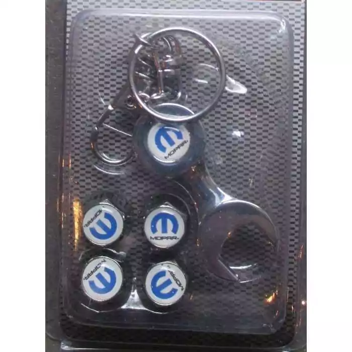bouchon valve de roue (x4)+ porte cle mopar logo balnc et bleu