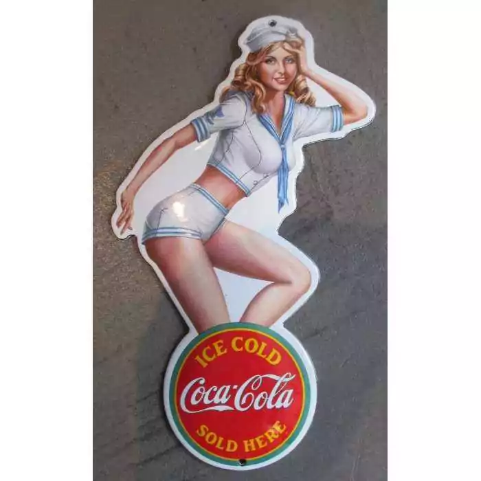 mini plaque emaillée pin up en habit de marin logo coca cola ice cold tole email deco garage