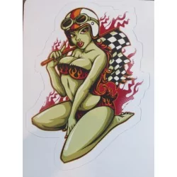 mini sticker pin up  a genoux avec casque moto et sous vetements a flammesautocollant sexy hot style année 50
