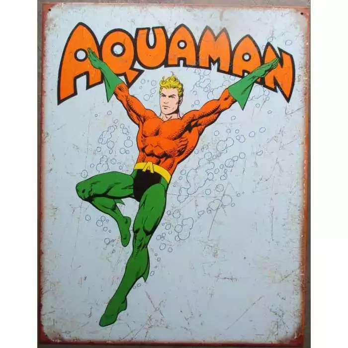 plaque super hero aquaman sur fond bleu tole affiche deco metal usa loft