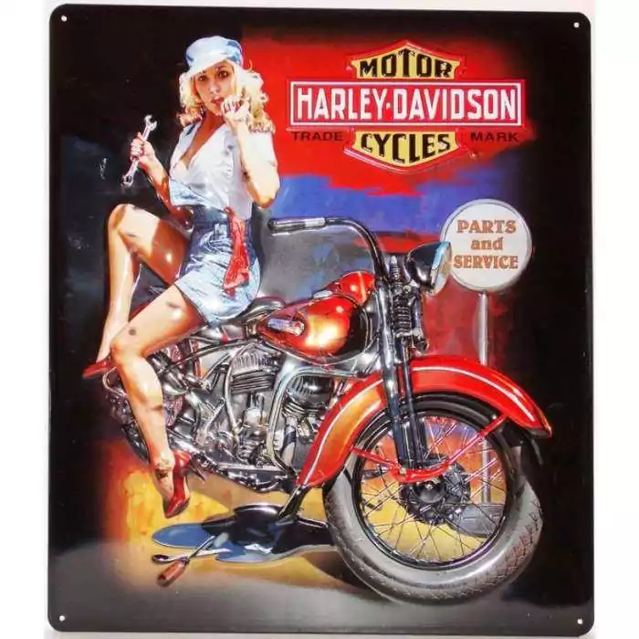 plaque Harley Davidson pin up mécano et sa moto tole usa deco garage loft