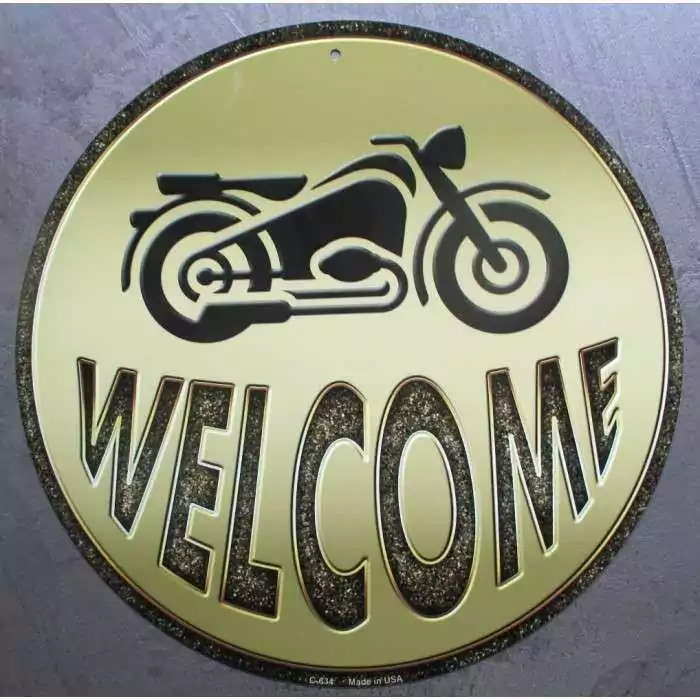 plaque welcome biker avec une moto tole ronde 30cm affiche déco metal pub