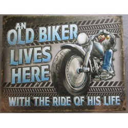 plaque old biker lives here fan moto affiche déco metal pub 41x32cm