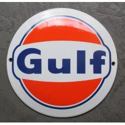 mini plaque emaillée gulf ronde 12cm orange blanche motor oil deco garage huile