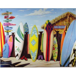 plaque  planche de surf  et cabane surf shack sur la plage deco mer bar snack