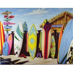 plaque planche de surf et cabane surf shack sur la plage deco mer bar snack