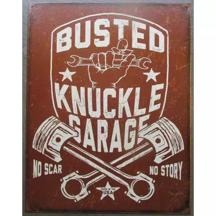 plaque busted knuckle garage marron pistons croisés tole publicitaire deco usa