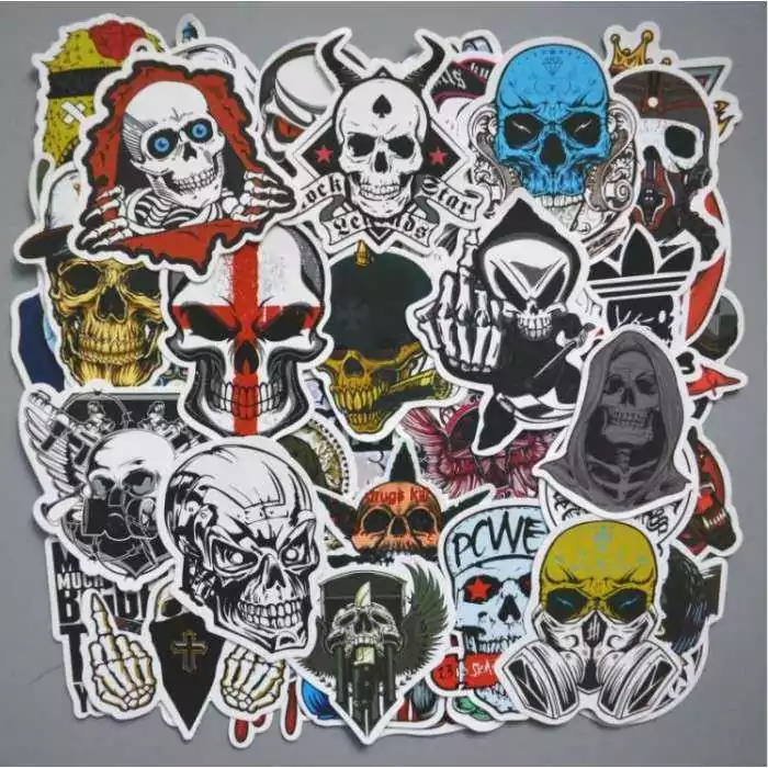 lot de 50 stickers crane tete de mort autocollant fond blanc pirate biker