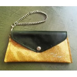 portefeuille femme pochette simili noir et doré a paillette + chaine