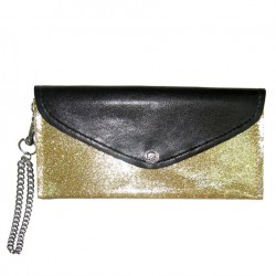 portefeuille femme pochette simili noir et doré a paillette + chaine