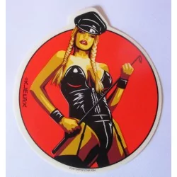 sticker blonde dominatrice avec des nattes 12.5x11 cm autocollant rockabilly