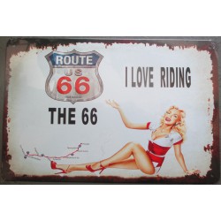 plaque  pin up stule année 50 i love riding route 66 tole métal deco garage