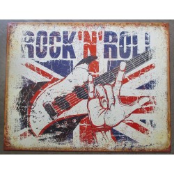 plaque rock & roll sur drapeau anglais union jack flag tole doré et chrome metal garage diner loft