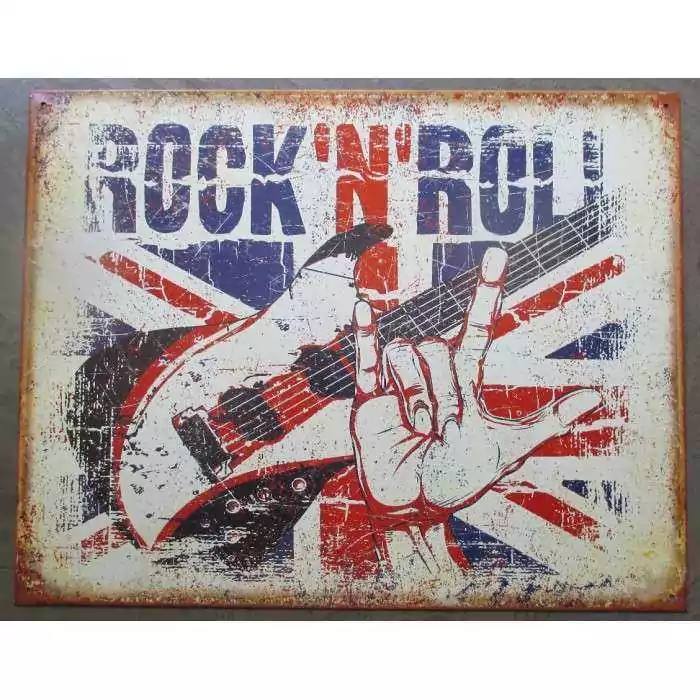 plaque rock & roll sur drapeau anglais union jack flag tole doré et chrome metal garage diner loft