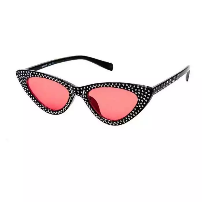 lunette de soleil femme avec nombreux strass noir verre rouge pin up rockabilly
