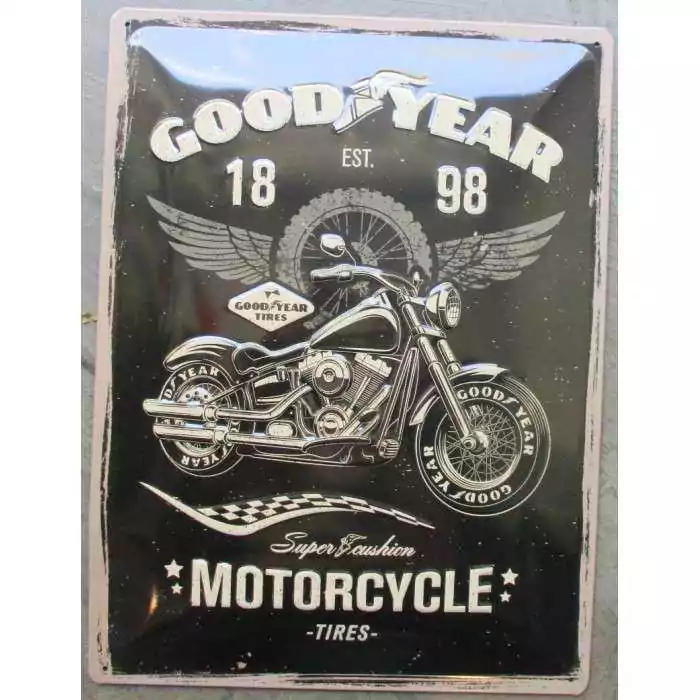 plaque good year motorcycle moto tole bombée noire 40cm pub garage