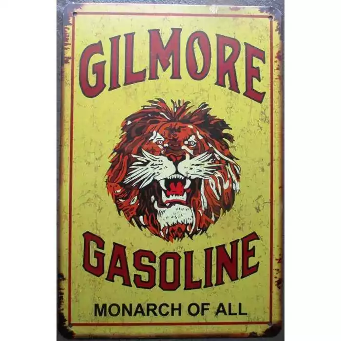 plaque gilmore gasoline lion sur fond jaune 30cm tole publicitaire metal pub